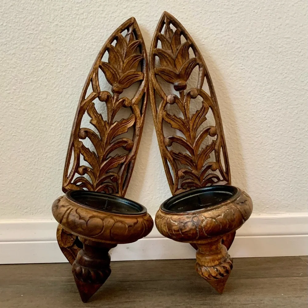 Vintage Pair Of Hand carved Wooden Ornate Wall Candle Holders
